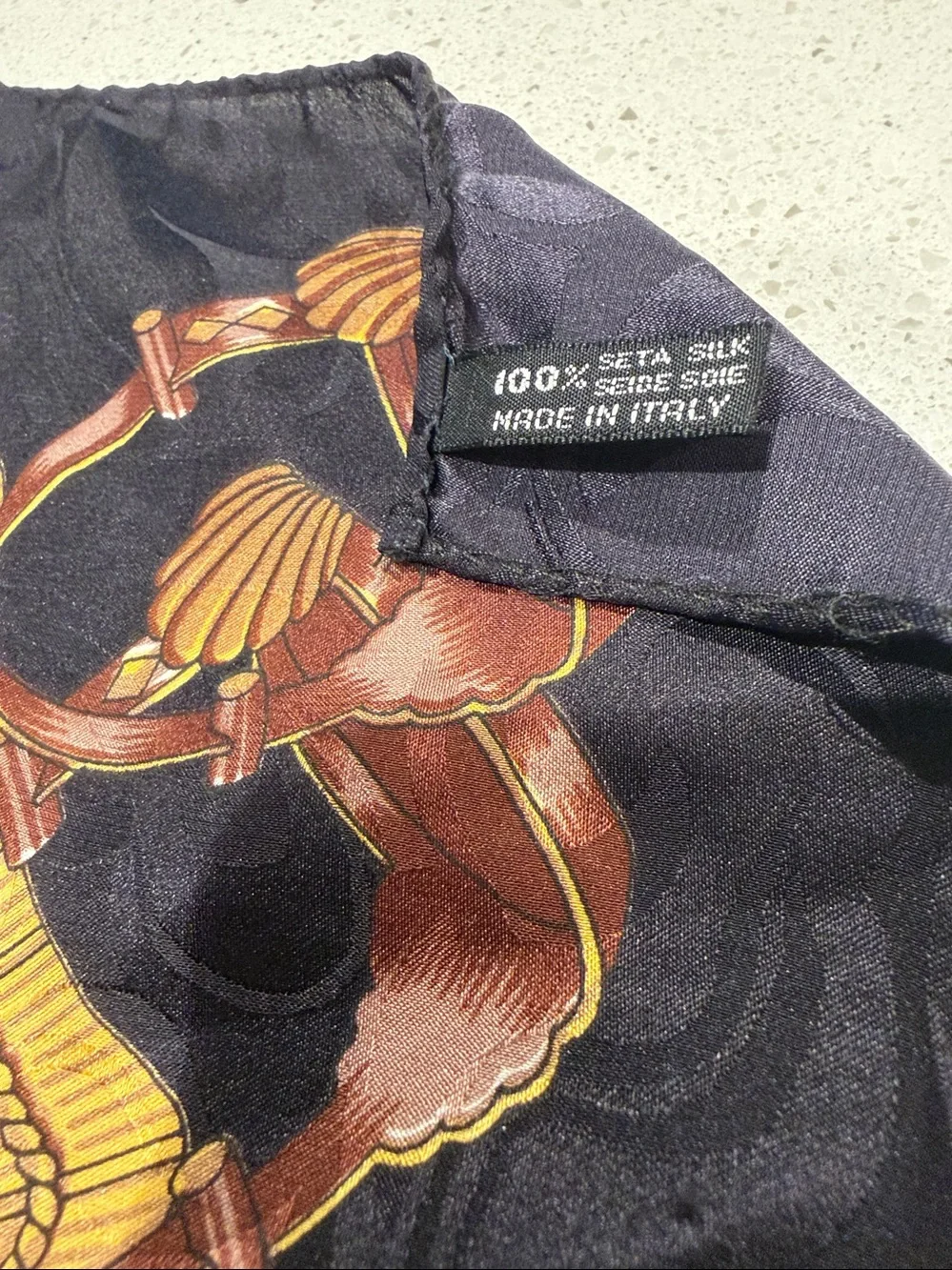 Elegant Equestrian Printed Silk Scarf - Black, Cream, green & Red.
